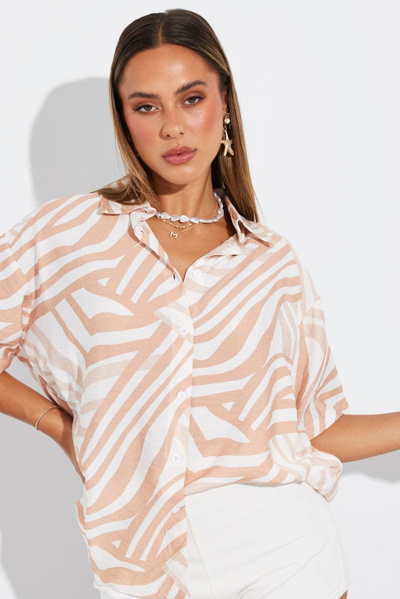 Beige Abstract Shirt Short Sleeve - Àlainn Fashion