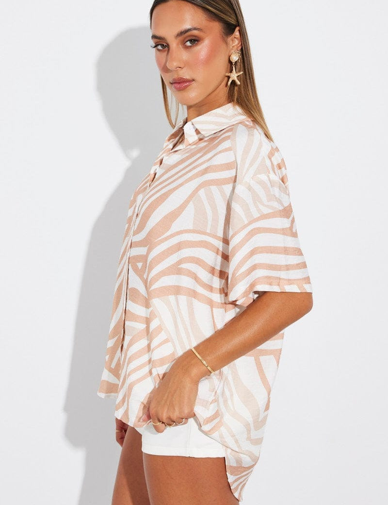 Beige Abstract Shirt Short Sleeve - Àlainn Fashion