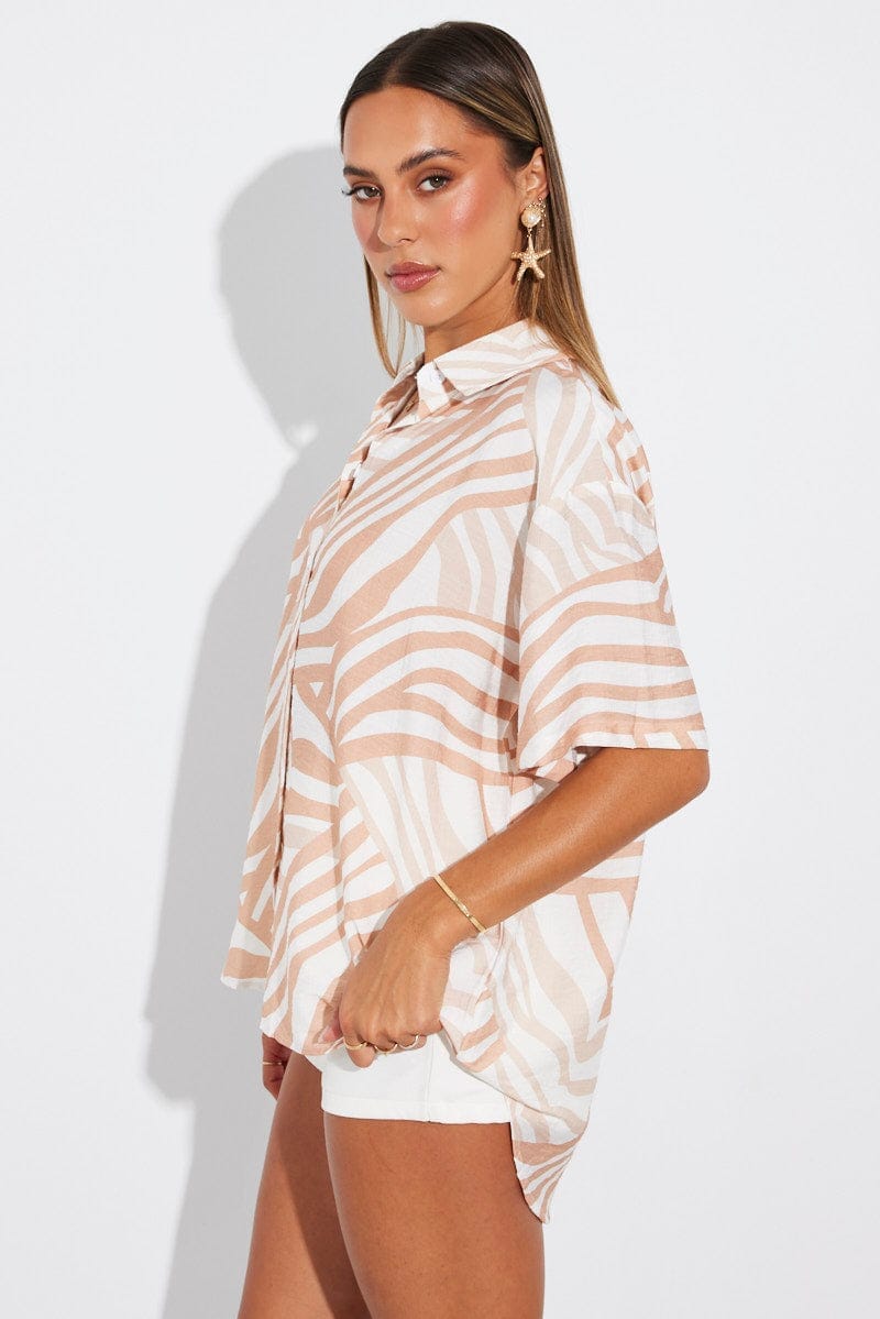 Beige Abstract Shirt Short Sleeve - Àlainn Fashion