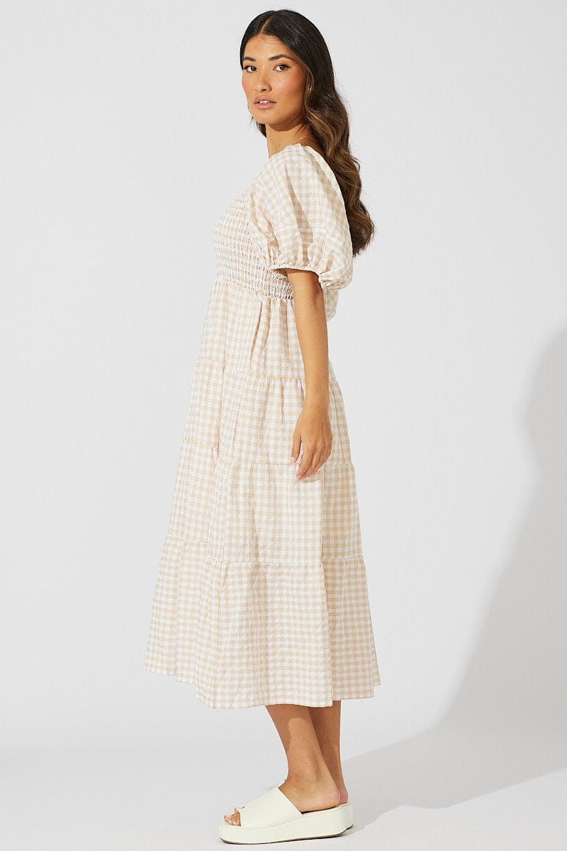 Beige Check Midi Dress Short Sleeve Shirred - Àlainn Fashion