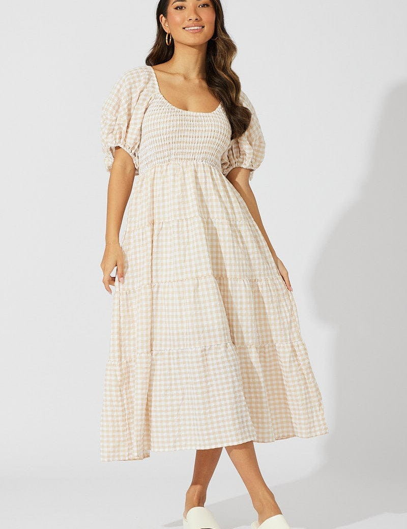 Beige Check Midi Dress Short Sleeve Shirred - Àlainn Fashion