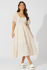 Beige Check Midi Dress Short Sleeve Shirred - Àlainn Fashion