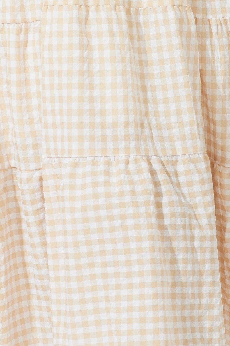 Beige Check Midi Dress Short Sleeve Shirred - Àlainn Fashion