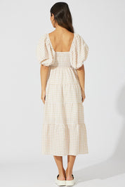 Beige Check Midi Dress Short Sleeve Shirred - Àlainn Fashion