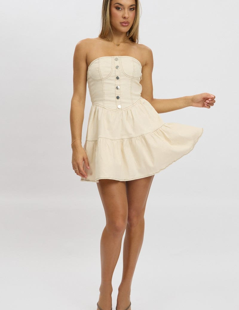 Beige Fit And Flare Dress Mini Strapless - Àlainn Fashion