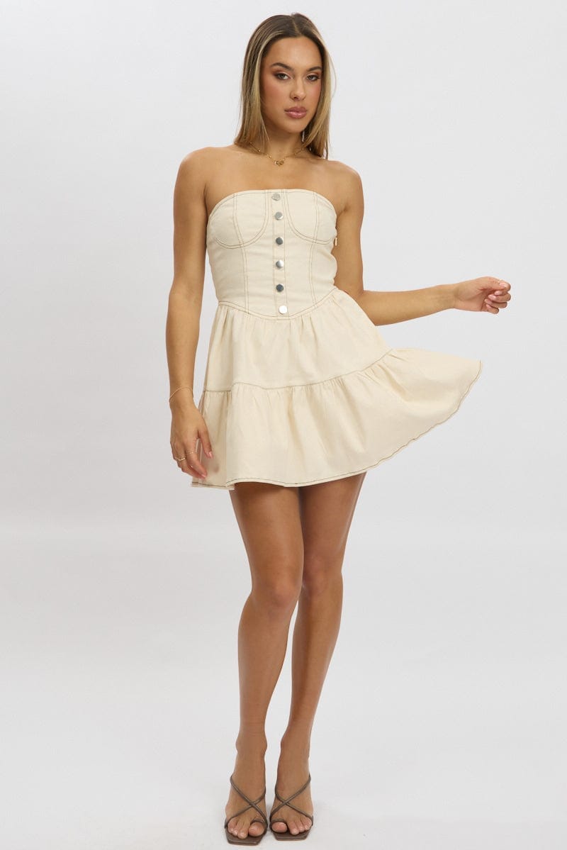 Beige Fit And Flare Dress Mini Strapless - Àlainn Fashion