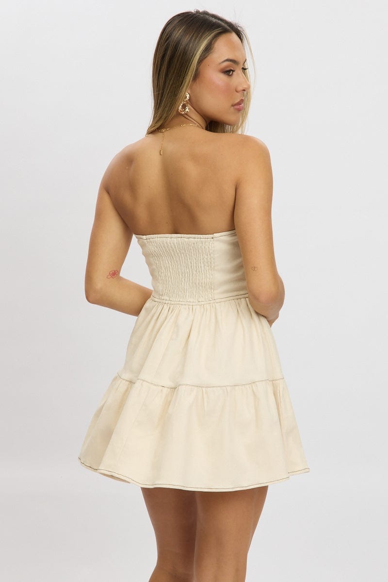 Beige Fit And Flare Dress Mini Strapless - Àlainn Fashion