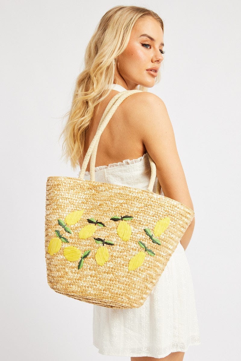 Beige Lemon Straw Tote Bag - Àlainn Fashion