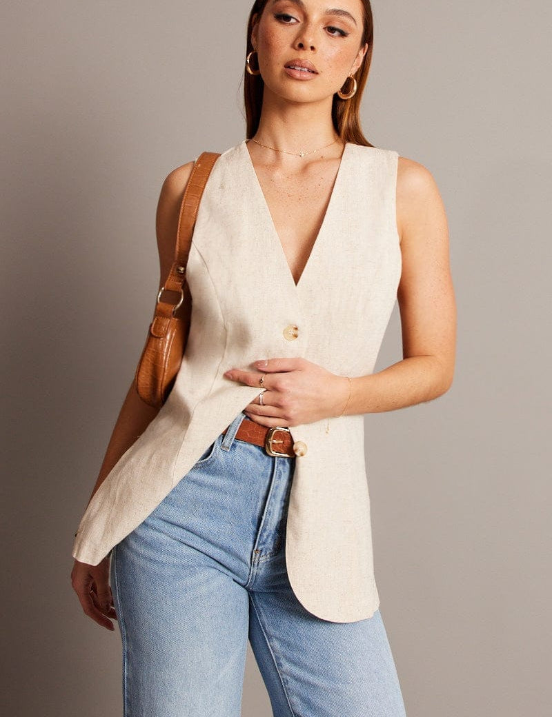 Beige Linen Vest Longline V Neck - Àlainn Fashion