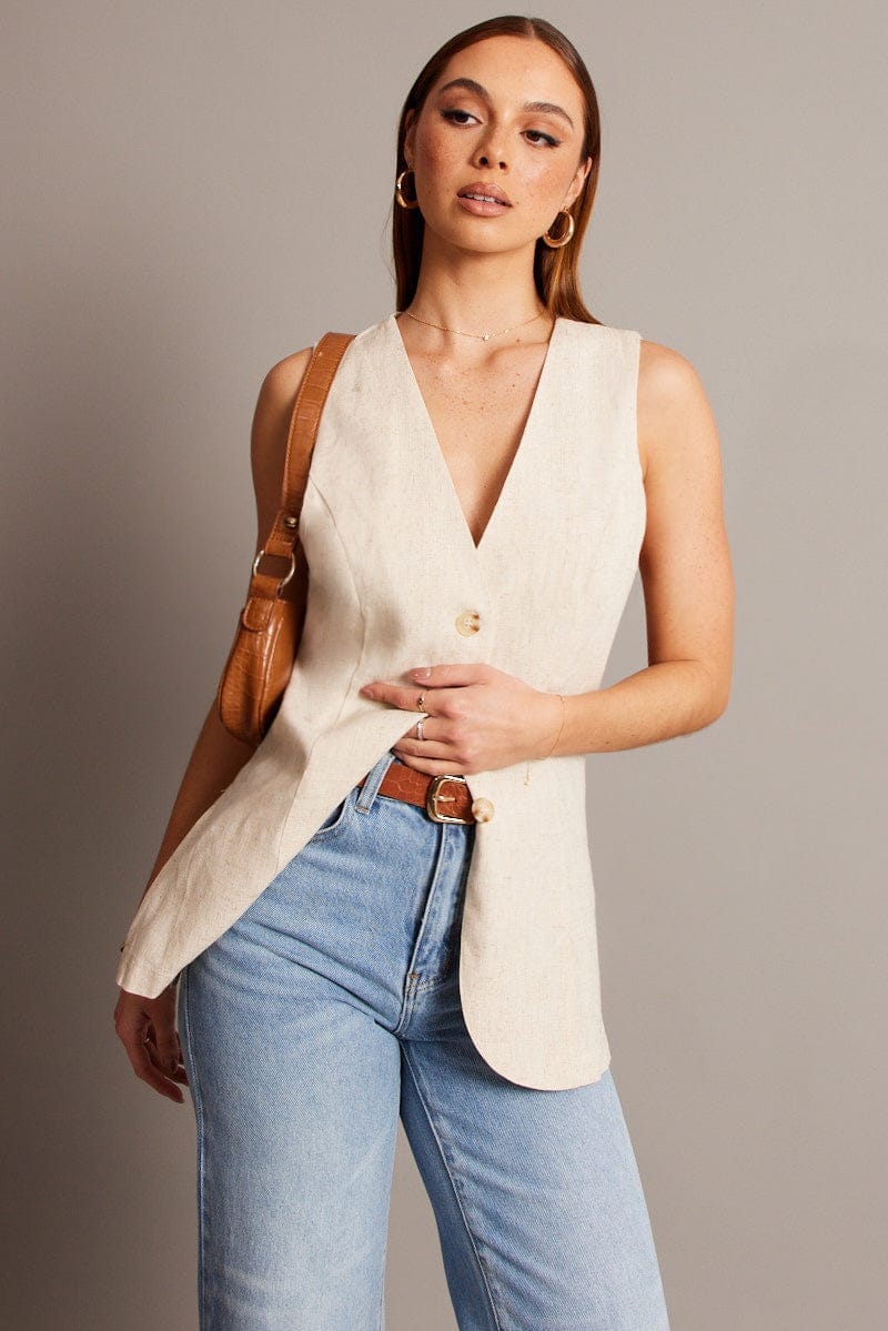 Beige Linen Vest Longline V Neck - Àlainn Fashion