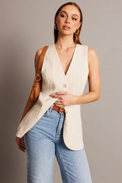 Beige Linen Vest Longline V Neck - Àlainn Fashion