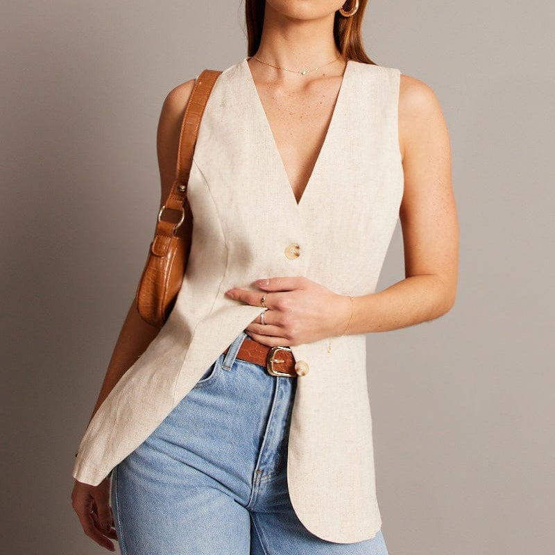 Beige Linen Vest Longline V Neck - Àlainn Fashion