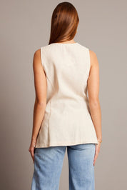 Beige Linen Vest Longline V Neck - Àlainn Fashion