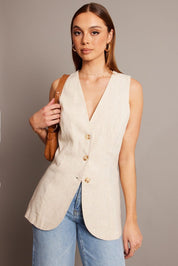 Beige Linen Vest Longline V Neck - Àlainn Fashion