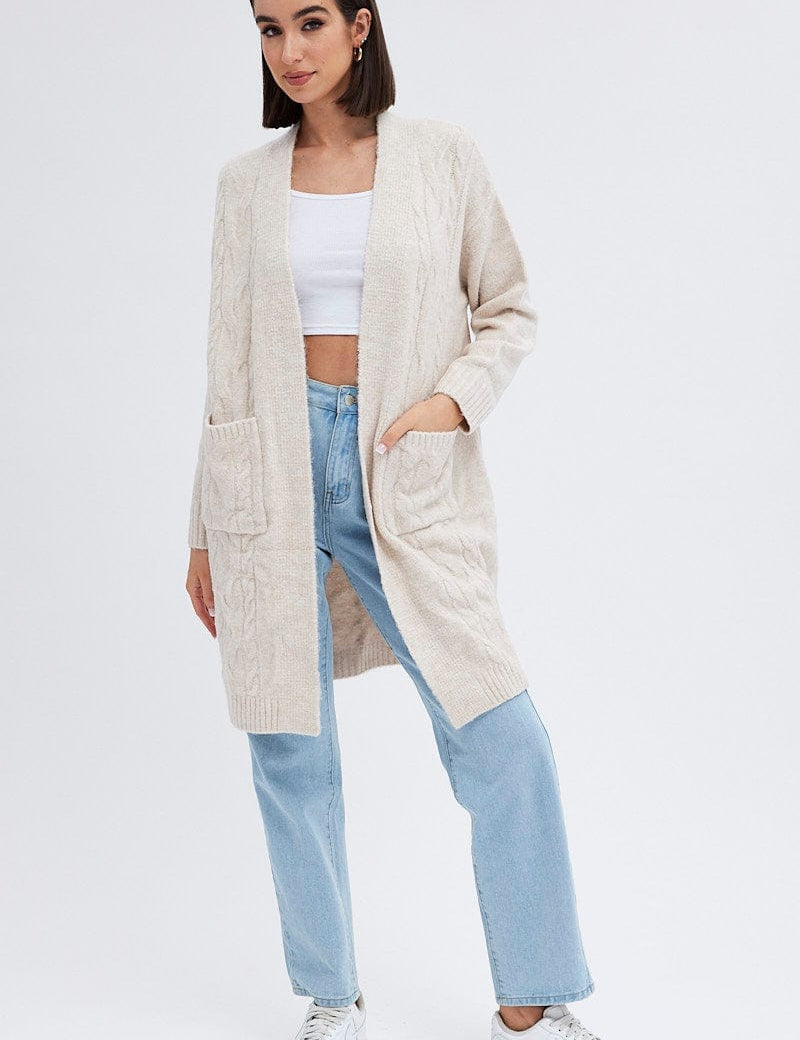 Beige Longline Cable Knit Cardigan - Àlainn Fashion