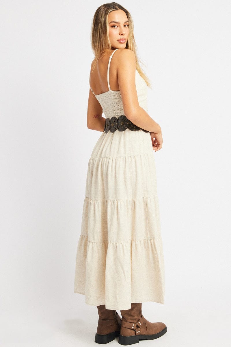 Beige Midi Dress Tiered Strappy - Àlainn Fashion