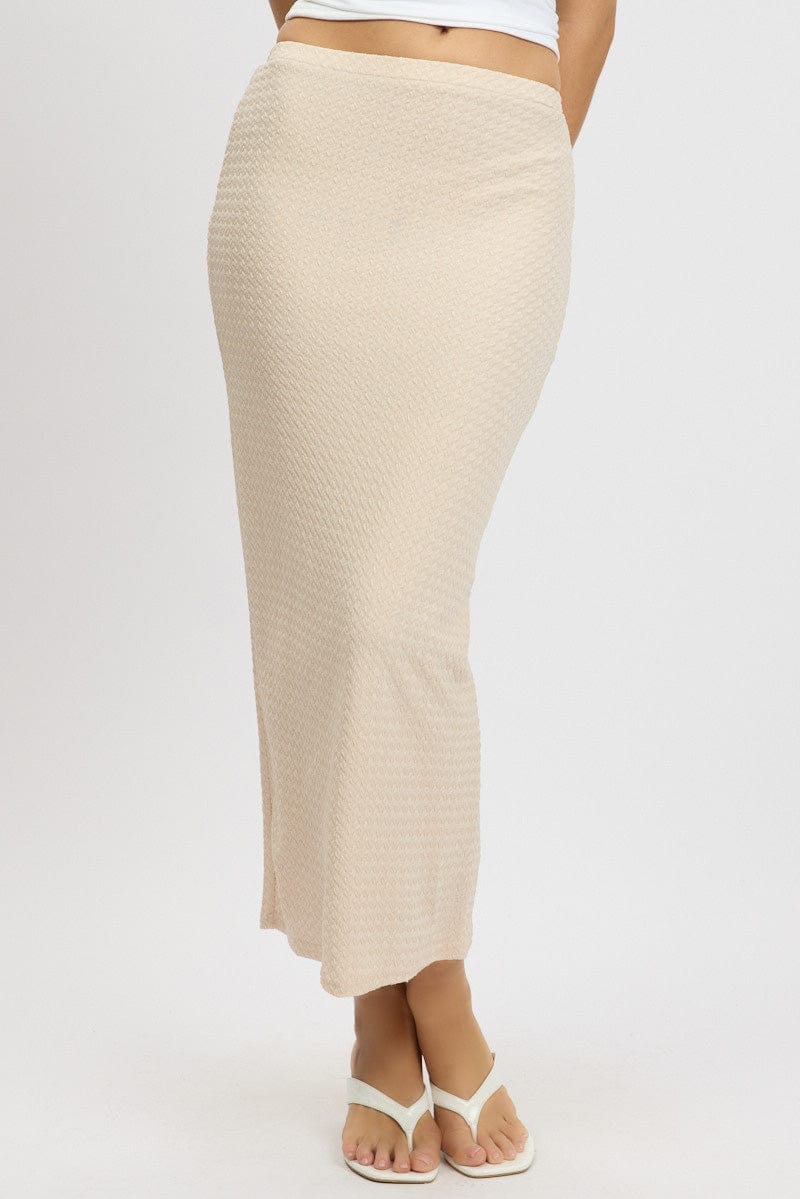 Beige Midi Skirt High Rise Textured Jersey - Àlainn Fashion