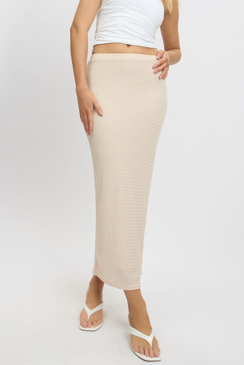 Beige Midi Skirt High Rise Textured Jersey - Àlainn Fashion