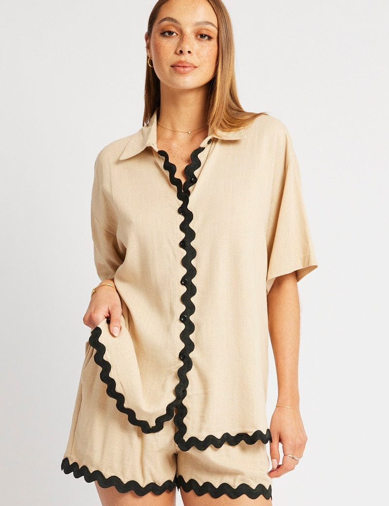 Beige Relaxed Shirt Short Sleeve Ric Rac - Àlainn Fashion