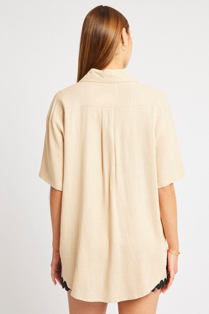 Beige Relaxed Shirt Short Sleeve Ric Rac - Àlainn Fashion