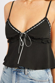 Black Cami Top Ribbon Textured Frill - Àlainn Fashion