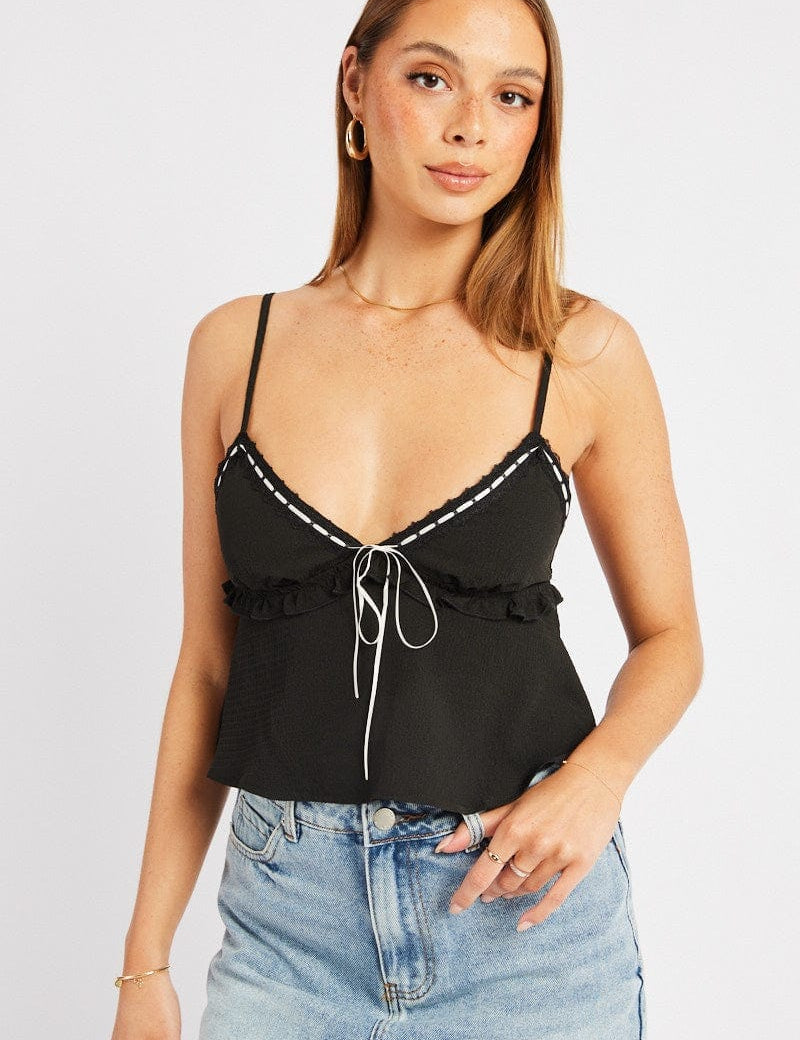 Black Cami Top Ribbon Textured Frill - Àlainn Fashion