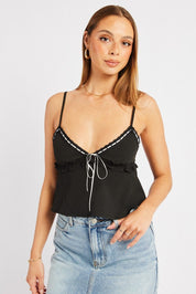 Black Cami Top Ribbon Textured Frill - Àlainn Fashion