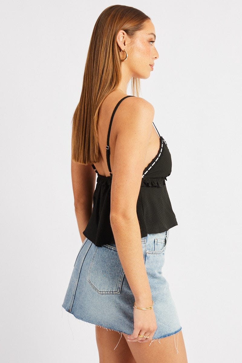 Black Cami Top Ribbon Textured Frill - Àlainn Fashion