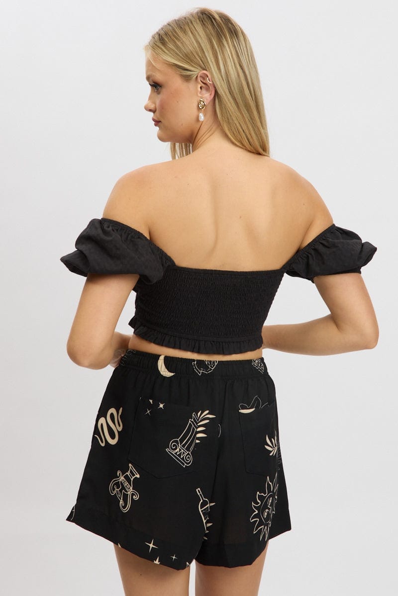 Black Crop Top Short Sleeve Shirred Waist - Àlainn Fashion