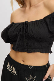 Black Crop Top Short Sleeve Shirred Waist - Àlainn Fashion