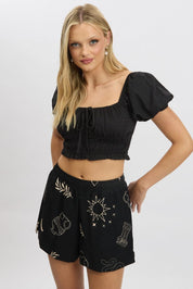 Black Crop Top Short Sleeve Shirred Waist - Àlainn Fashion