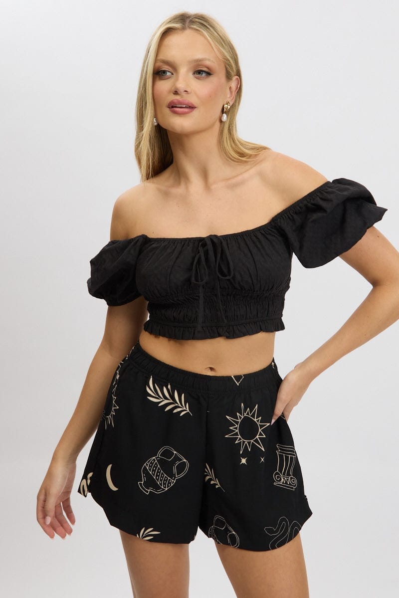 Black Crop Top Short Sleeve Shirred Waist - Àlainn Fashion