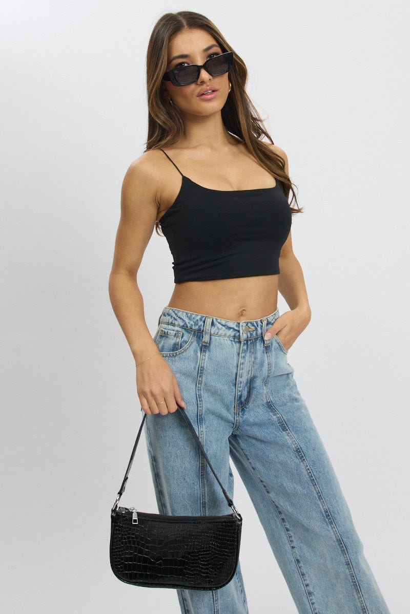 Black Cropped Cami Top Supersoft - Àlainn Fashion