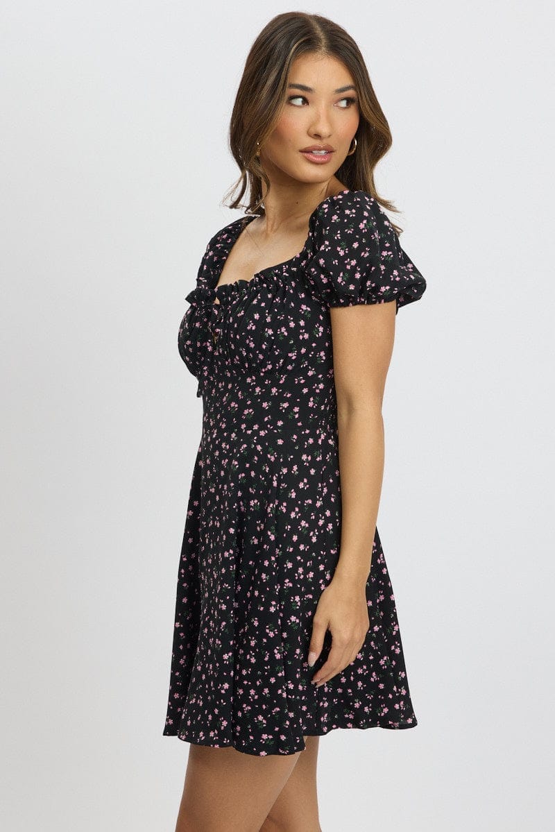 Black Ditsy Fit And Flare Dress Mini - Àlainn Fashion