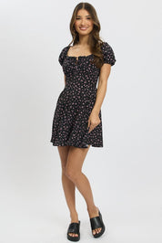 Black Ditsy Fit And Flare Dress Mini - Àlainn Fashion