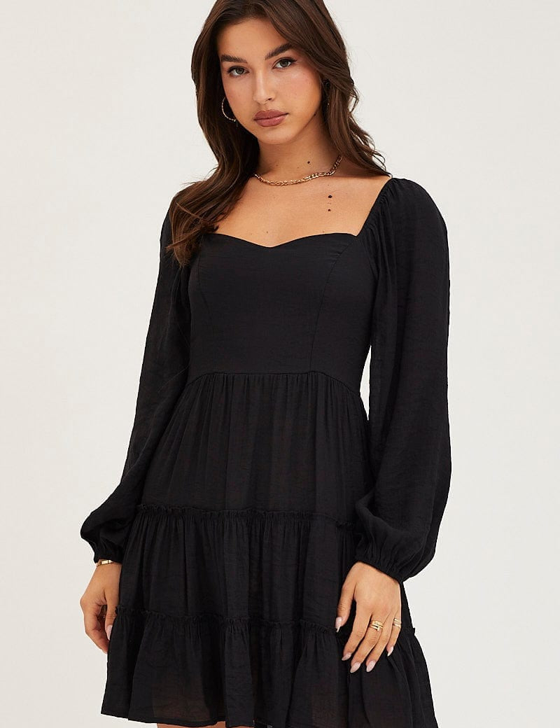 Black Fit And Flare Dress Long Sleeve Square Neck - Àlainn Fashion