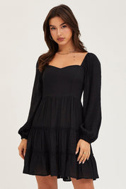 Black Fit And Flare Dress Long Sleeve Square Neck - Àlainn Fashion