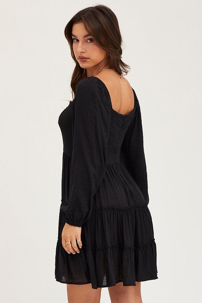 Black Fit And Flare Dress Long Sleeve Square Neck - Àlainn Fashion