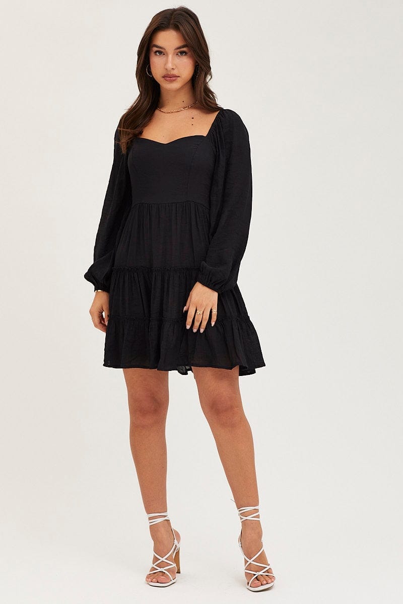 Black Fit And Flare Dress Long Sleeve Square Neck - Àlainn Fashion