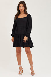 Black Fit And Flare Dress Long Sleeve Square Neck - Àlainn Fashion