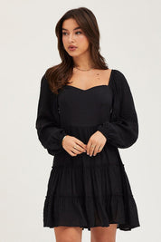 Black Fit And Flare Dress Long Sleeve Square Neck - Àlainn Fashion