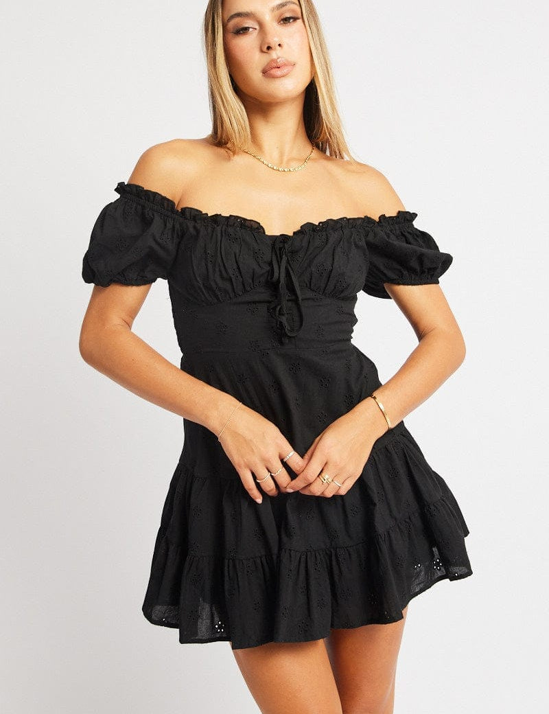 Black Fit And Flare Dress Short Sleeve Eyelet Fabric - Àlainn Fashion