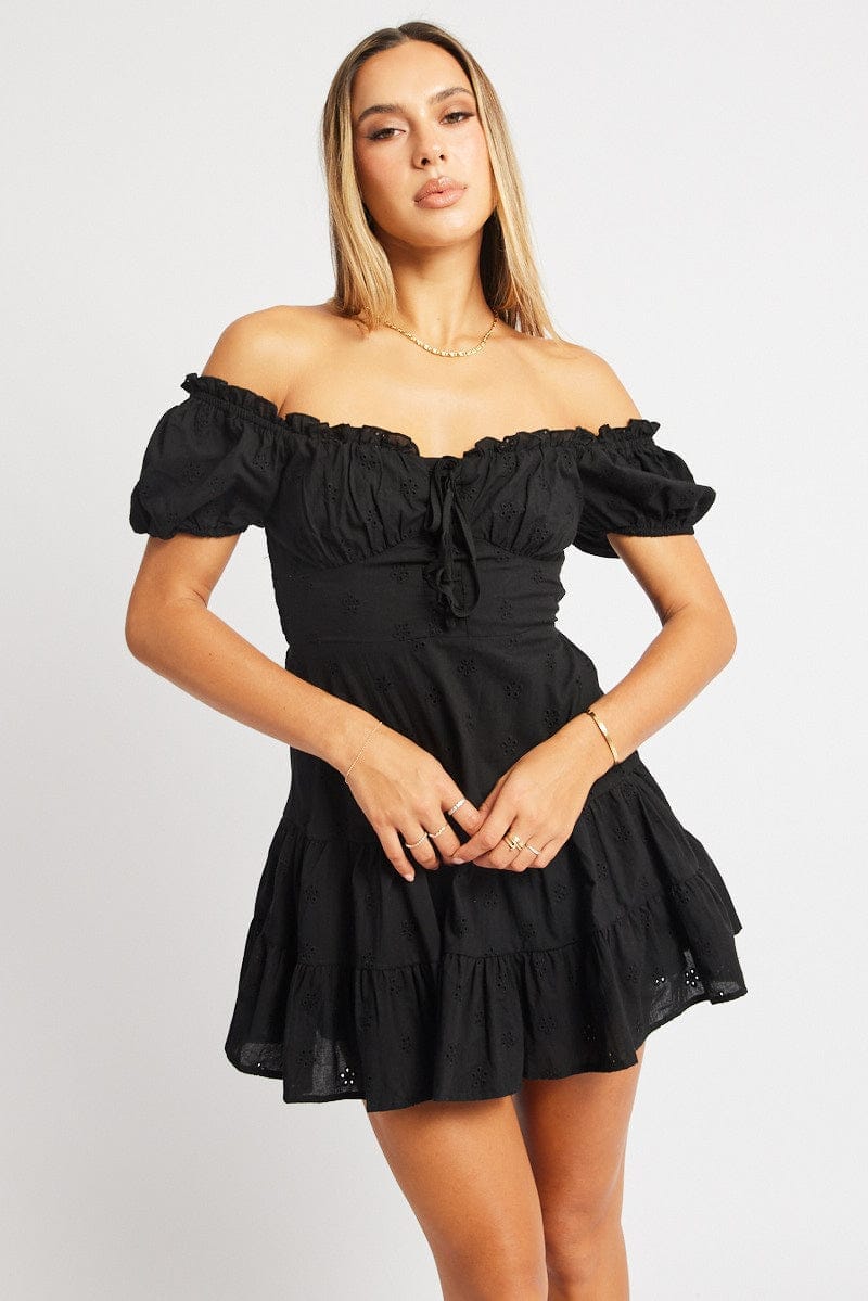 Black Fit And Flare Dress Short Sleeve Eyelet Fabric - Àlainn Fashion