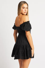 Black Fit And Flare Dress Short Sleeve Eyelet Fabric - Àlainn Fashion