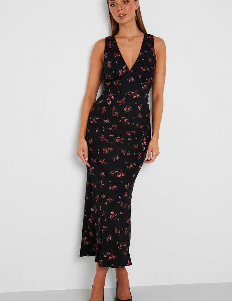 Black Floral Maxi Dress V-Neck Sleevelss - Àlainn Fashion