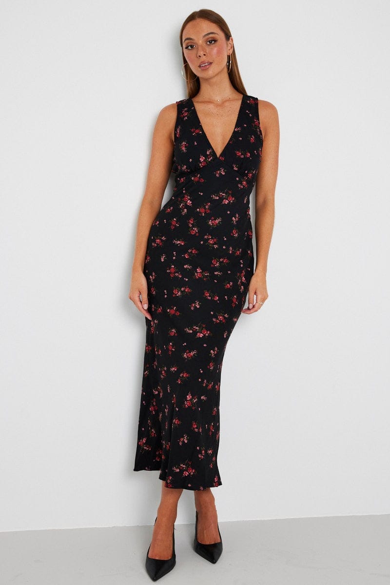 Black Floral Maxi Dress V-Neck Sleevelss - Àlainn Fashion