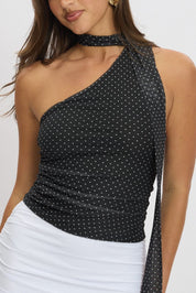 Black Floral One Shoulder Top Tie Neck Mesh - Àlainn Fashion