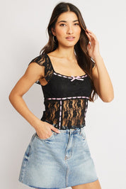 Black Lace Top Sleeveless Ribbon Trim - Àlainn Fashion