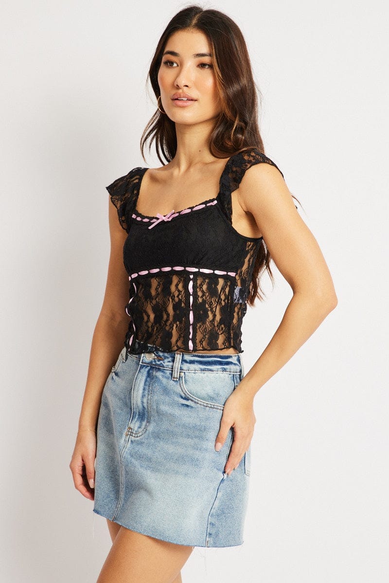 Black Lace Top Sleeveless Ribbon Trim - Àlainn Fashion