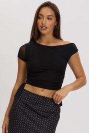 Black Mesh Top Tie Up Side One Shoulder - Àlainn Fashion